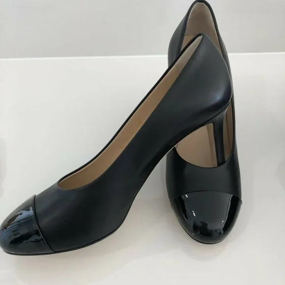 CHANEL Black Leather Cap Toe Pumps Size 37 - Picture 7 of 12